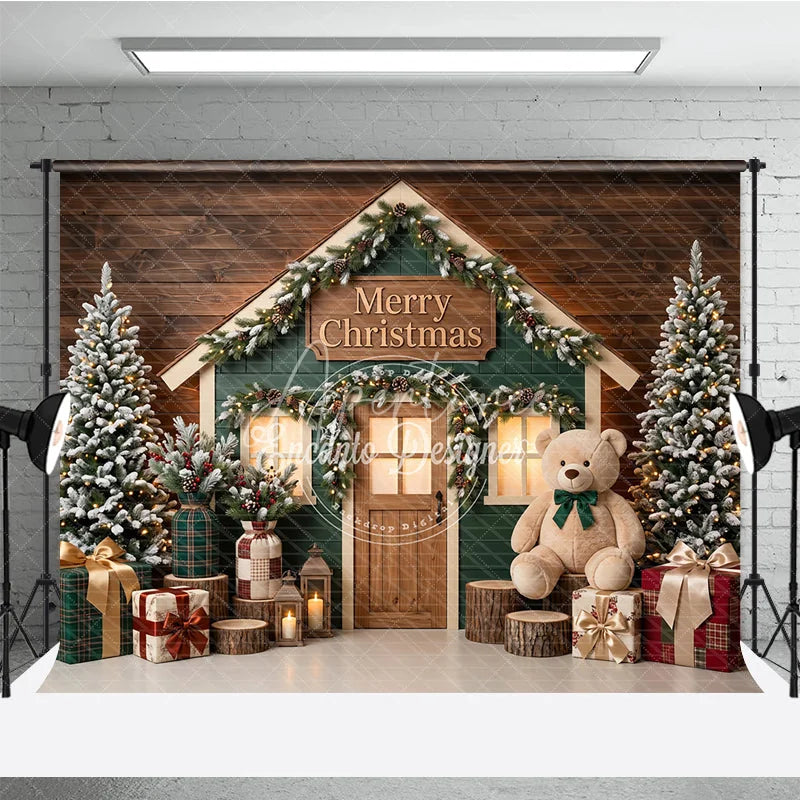 Aperturee - Aperturee Green House Merry Christmas Holiday Backdrop with Flocked Trees Teddy Bear and Festive Gifts Decor