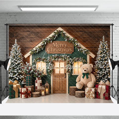 Aperturee - Aperturee Green House Merry Christmas Holiday Backdrop with Flocked Trees Teddy Bear and Festive Gifts Decor