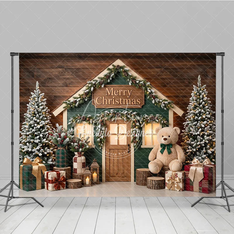 Aperturee - Aperturee Green House Merry Christmas Holiday Backdrop with Flocked Trees Teddy Bear and Festive Gifts Decor