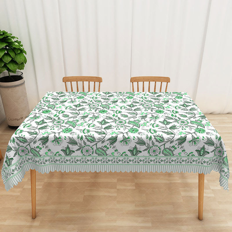 Aperturee - Aperturee Green Leaf and Floral Rectangle Tablecloth on White for Spring Garden Party and Botanical Dining