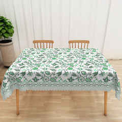 Aperturee - Aperturee Green Leaf and Floral Rectangle Tablecloth on White for Spring Garden Party and Botanical Dining