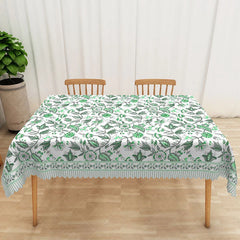 Aperturee - Aperturee Green Leaf and Floral Rectangle Tablecloth on White for Spring Garden Party and Botanical Dining