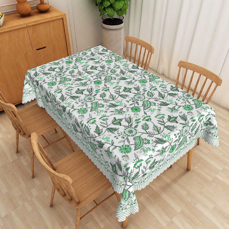 Aperturee - Aperturee Green Leaf and Floral Rectangle Tablecloth on White for Spring Garden Party and Botanical Dining