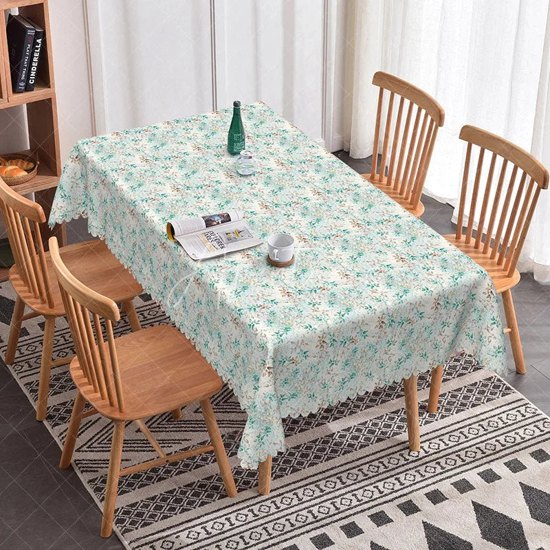 Aperturee - Aperturee Green Leaf Ditsy Rectangle Tablecloth Small Foliage Plant White Background Fresh Spring Dining Table Cover Kitchen
