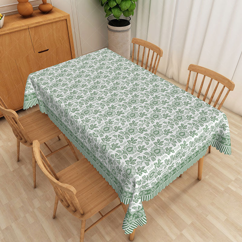 Aperturee - Aperturee Green Leaf Rectangle Tablecloth with Striped Border for Botanical and Modern Farmhouse Kitchen Decor