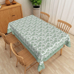 Aperturee - Aperturee Green Leaf Rectangle Tablecloth with Striped Border for Botanical and Modern Farmhouse Kitchen Decor