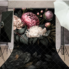 Aperturee - Aperturee Green Leaves Pink White Spring Florals Sweep Backdrop
