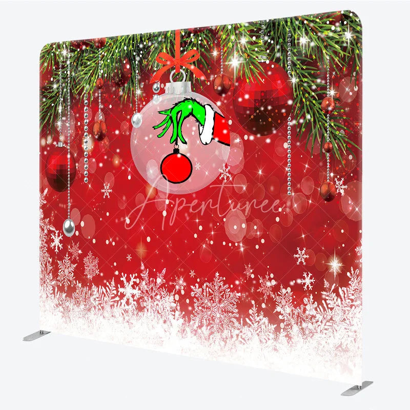 Aperturee - Aperturee Green Monster Hand Tension Fabric Backdrop Red Ornament Snowflake Decor Funny Christmas Theme Background for Party