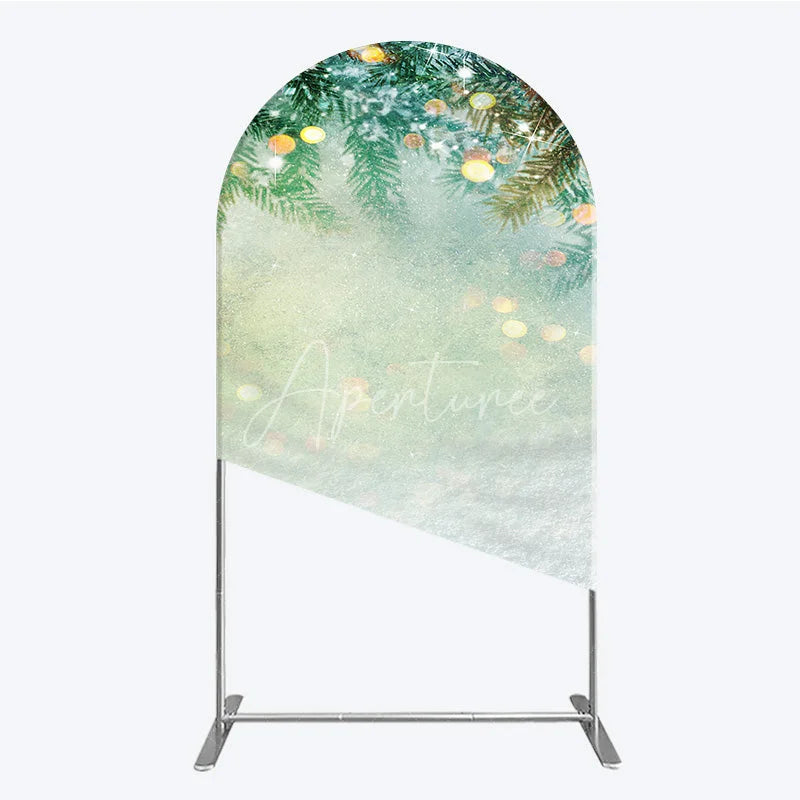 Aperturee - Aperturee Green Pine Branches with Snow and Golden Bokeh Lights Round Top Arch Backdrop Winter Christmas Holiday Decor