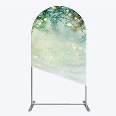 Aperturee - Aperturee Green Pine Branches with Snow and Golden Bokeh Lights Round Top Arch Backdrop Winter Christmas Holiday Decor
