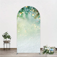 Aperturee - Aperturee Green Pine Branches with Snow and Golden Bokeh Lights Round Top Arch Backdrop Winter Christmas Holiday Decor