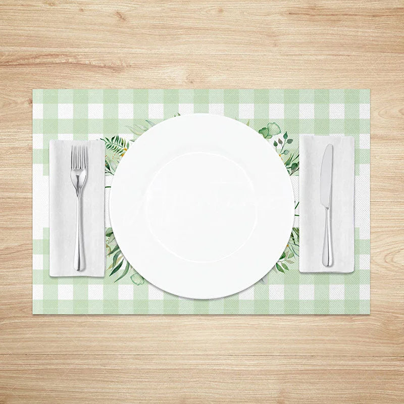 Aperturee - Aperturee Green Plaid Spring Set of 4 Placemats Greenery Wreath and Beautiful Spring Text Dining Table Mats