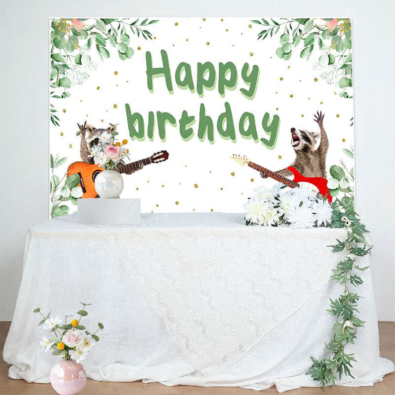 Aperturee - Aperturee Green Plant Guitarist Raccoon Happy Birthday Backdrop