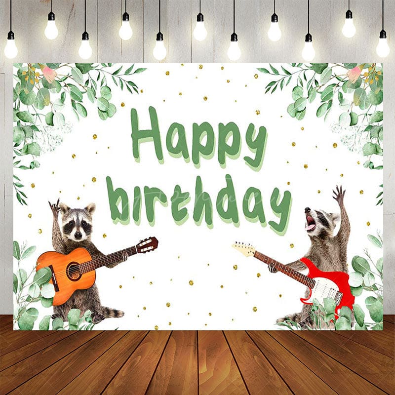 Aperturee - Aperturee Green Plant Guitarist Raccoon Happy Birthday Backdrop