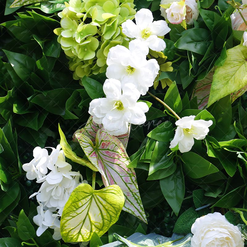 Aperturee - Aperturee Green Plant Leaves White Rose Flower Wall For Wedding
