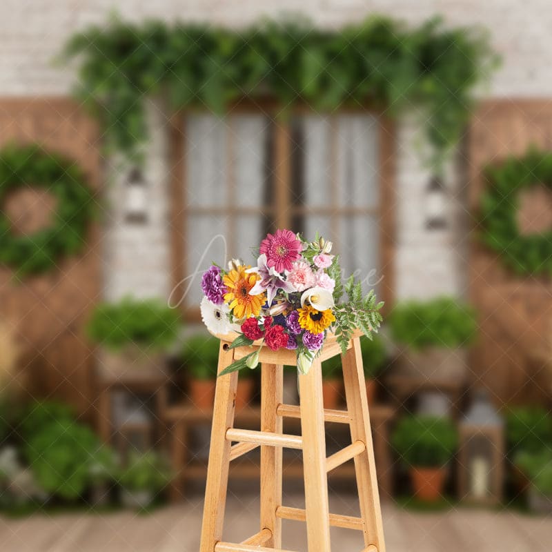Aperturee - Aperturee Green Plants Wreath Door And Window Spring Backdrop