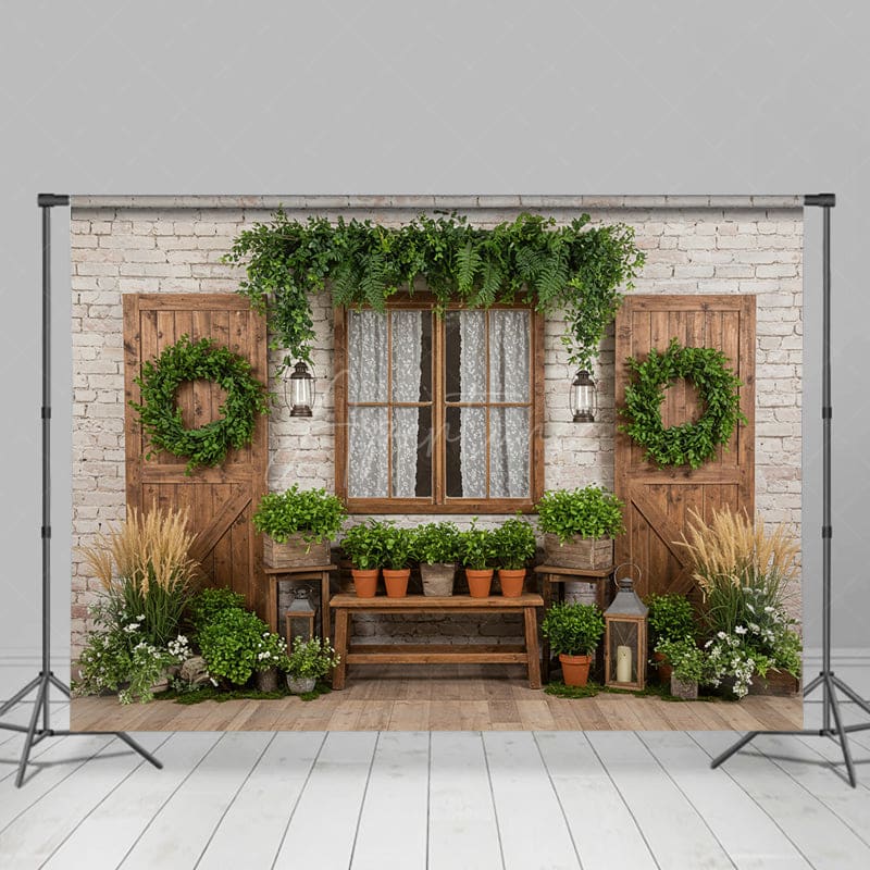 Aperturee - Aperturee Green Plants Wreath Door And Window Spring Backdrop