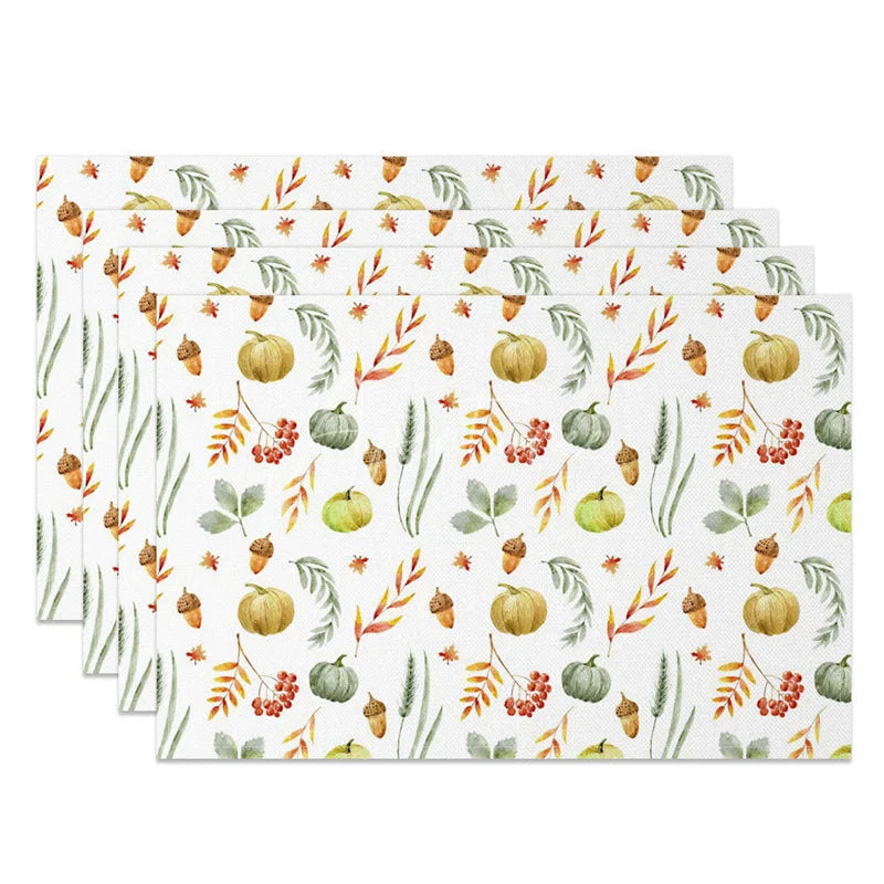Aperturee - Aperturee Green Pumpkin Nut and Willow Leaf Set of 4 Placemats for Rustic Fall and Thanksgiving Table Decor
