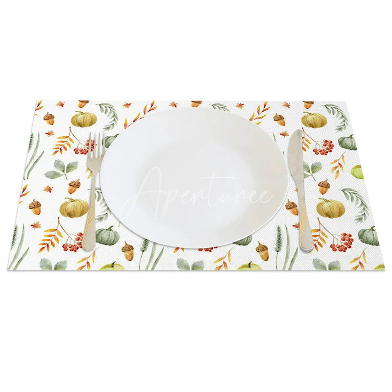Aperturee - Aperturee Green Pumpkin Nut and Willow Leaf Set of 4 Placemats for Rustic Fall and Thanksgiving Table Decor