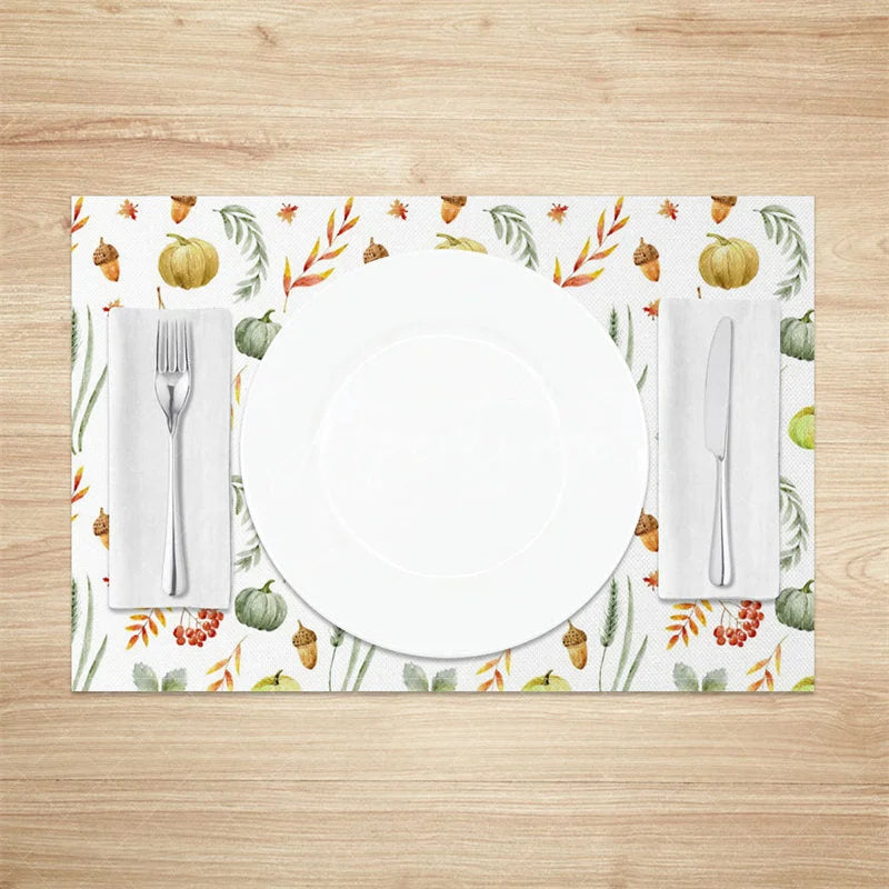 Aperturee - Aperturee Green Pumpkin Nut and Willow Leaf Set of 4 Placemats for Rustic Fall and Thanksgiving Table Decor