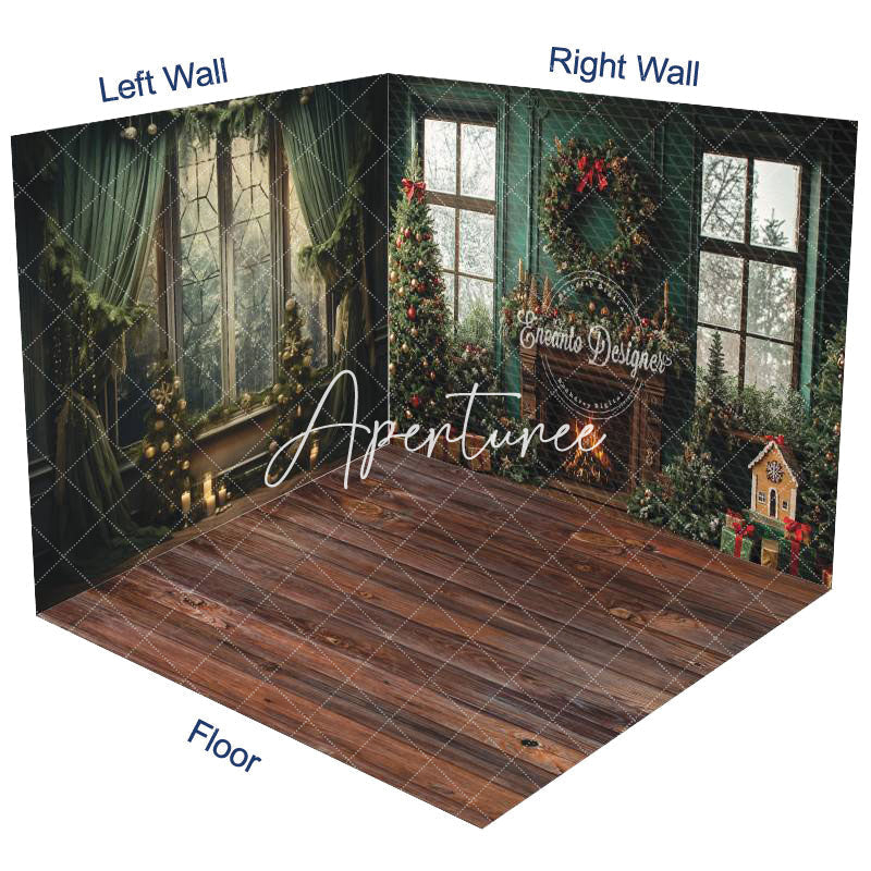 Aperturee - Aperturee Green Retro Christmas Fireplace Room Set Backdrop