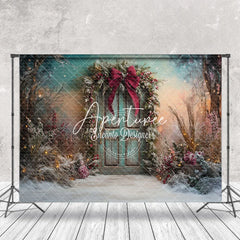 Aperturee - Aperturee Green Retro Wooden Door Bow Tie Christmas Backdrop