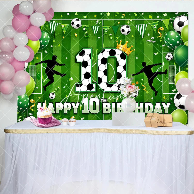 Aperturee - Aperturee Green Soccer Field 10th Birthday Backdrop Players and Balls with Vibrant Balloons for Party Decor