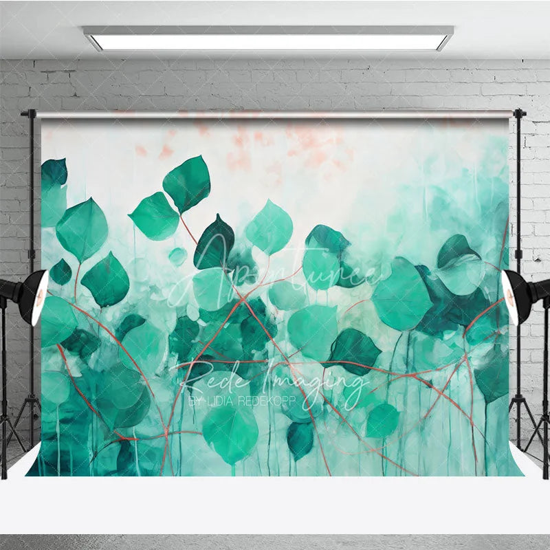 Aperturee - Aperturee Green Teal Leaves Abstract Art Backdrop Watercolor Plant Red Stems Background Nature Theme Photography Banner