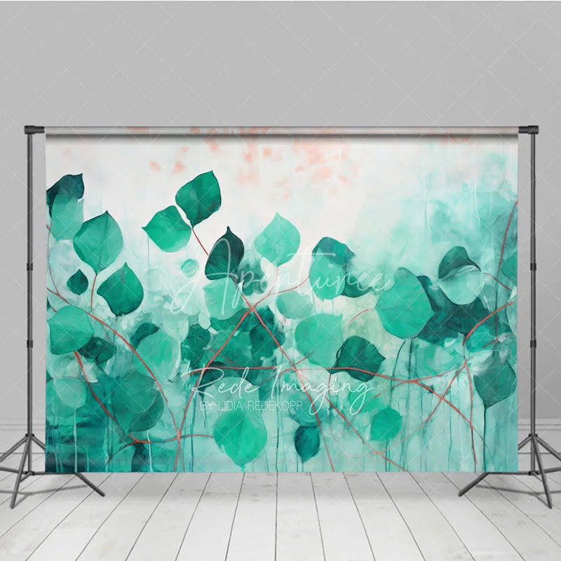 Aperturee - Aperturee Green Teal Leaves Abstract Art Backdrop Watercolor Plant Red Stems Background Nature Theme Photography Banner