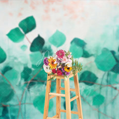 Aperturee - Aperturee Green Teal Leaves Abstract Art Backdrop Watercolor Plant Red Stems Background Nature Theme Photography Banner