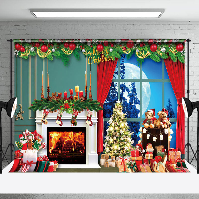Aperturee - Aperturee Green Wall Fireplace Moon Window Christmas Backdrop