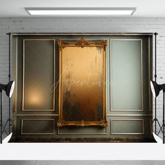 Aperturee - Aperturee Green Wall Gold Mirror Wood Floor Combo Set Backdrop
