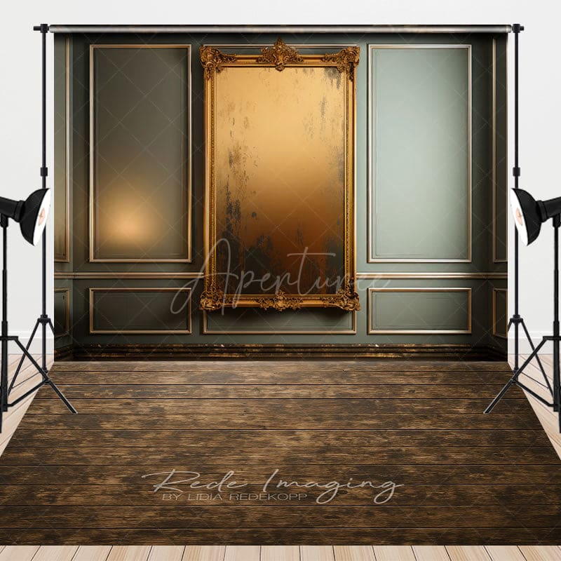 Aperturee - Aperturee Green Wall Gold Mirror Wood Floor Combo Set Backdrop