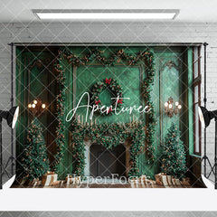 Aperturee - Aperturee Green Wall Tree Fireplace Christmas Room Set Backdrop