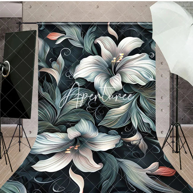 Aperturee - Aperturee Green White Funky Floral Fine Art Sweep Backdrop