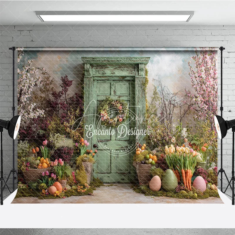 Aperturee - Aperturee Green Wooden Door Easter Photography Backdrop Overgrown Spring Garden and Tulips Studio Background