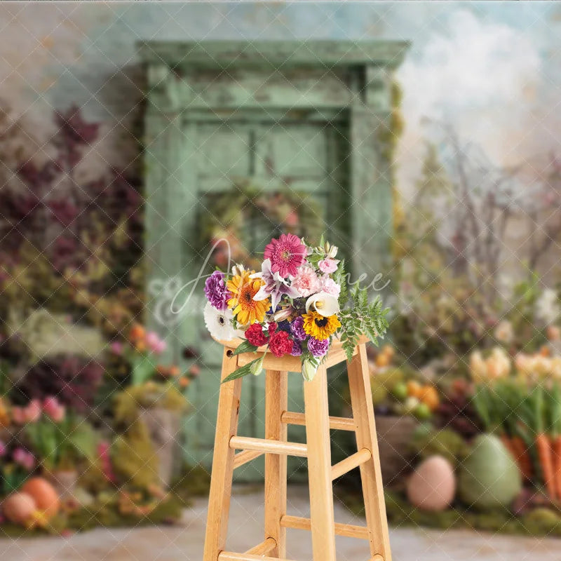 Aperturee - Aperturee Green Wooden Door Easter Photography Backdrop Overgrown Spring Garden and Tulips Studio Background