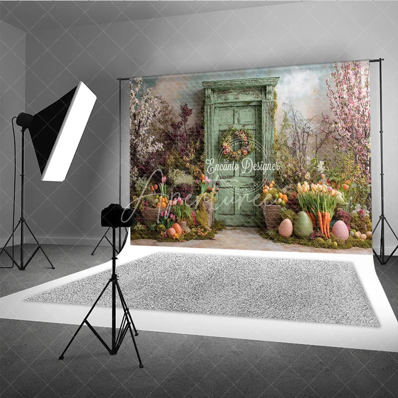 Aperturee - Aperturee Green Wooden Door Easter Photography Backdrop Overgrown Spring Garden and Tulips Studio Background