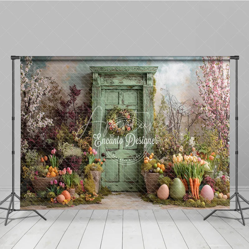 Aperturee - Aperturee Green Wooden Door Easter Photography Backdrop Overgrown Spring Garden and Tulips Studio Background