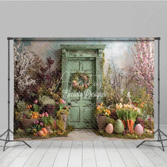 Aperturee - Aperturee Green Wooden Door Easter Photography Backdrop Overgrown Spring Garden and Tulips Studio Background