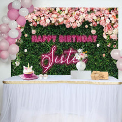 Aperturee - Aperturee Greenery Floral Neon Sister Happy Birthday Backdrop