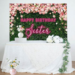 Aperturee - Aperturee Greenery Floral Neon Sister Happy Birthday Backdrop