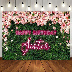 Aperturee - Aperturee Greenery Floral Neon Sister Happy Birthday Backdrop