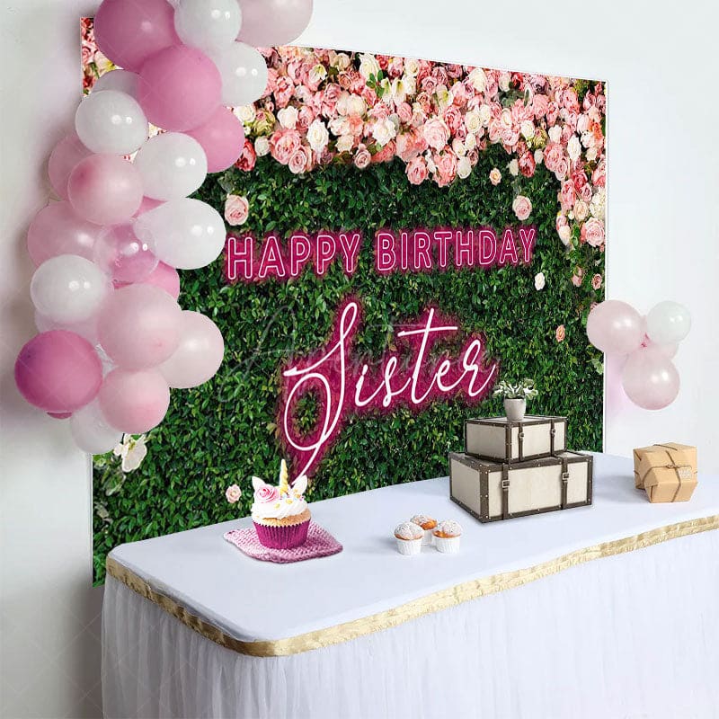 Aperturee - Aperturee Greenery Floral Neon Sister Happy Birthday Backdrop