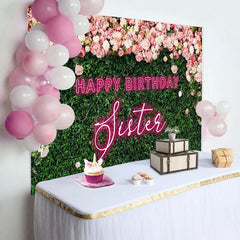 Aperturee - Aperturee Greenery Floral Neon Sister Happy Birthday Backdrop