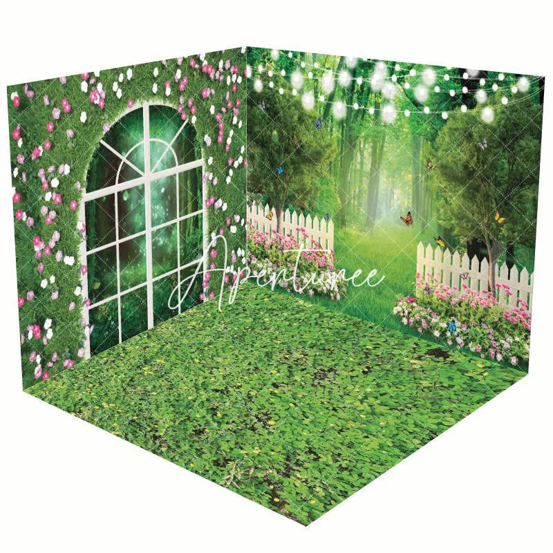 Aperturee - Aperturee Greenery Pink Floral Fence Forest Room Set Backdrop