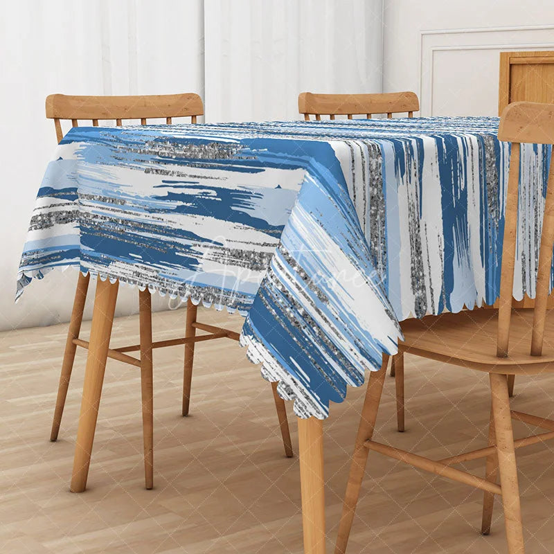 Aperturee - Aperturee Grey and Blue Glitter Rectangle Tablecloth for Elegant and Modern Sparkly Party and Holiday Decor