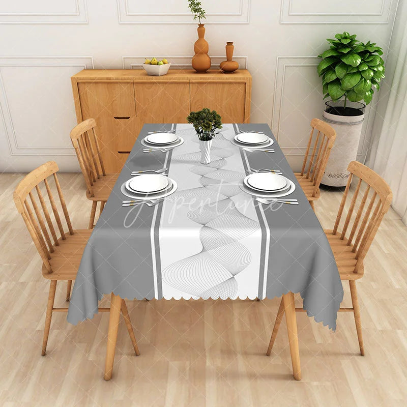 Aperturee - Aperturee Grey and White Abstract Wave Line Art Rectangle Tablecloth Modern Minimalist Dining Decor Washable Kitchen Table Cover