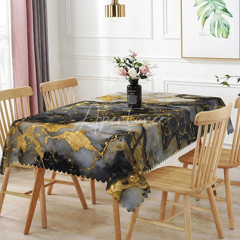 Aperturee - Aperturee Grey and White Geometric Marble Rectangle Tablecloth Gold Hexagon Line Art Table Cover Modern Decor