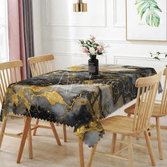 Aperturee - Aperturee Grey and White Geometric Marble Rectangle Tablecloth Gold Hexagon Line Art Table Cover Modern Decor